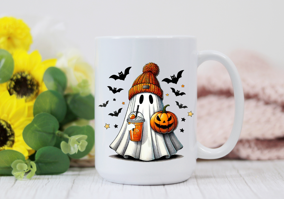 Prairie Chicken Sticker Shop & Gifts - Cute Ghost With Iced Coffee 15oz Coffee Mug