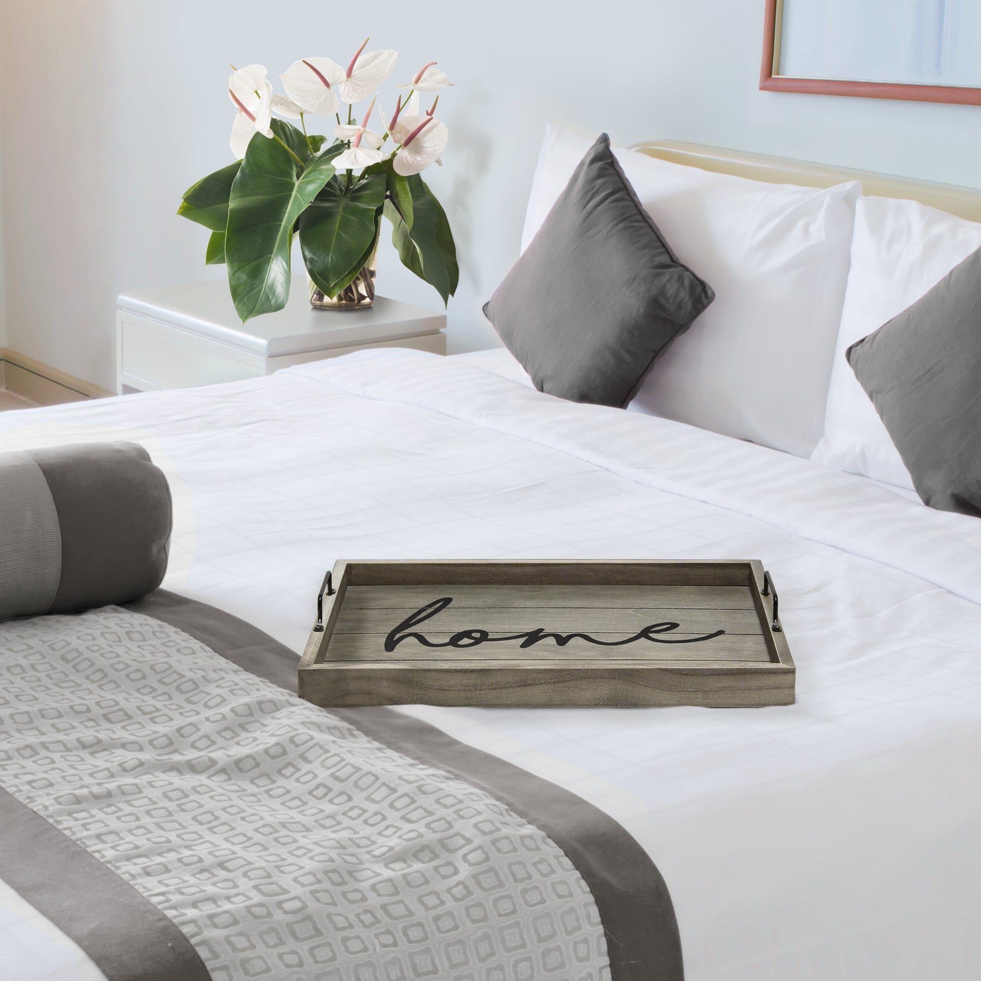 15.5" X 12" Decorative Wood Serving Tray, "Home", Rustic Gray