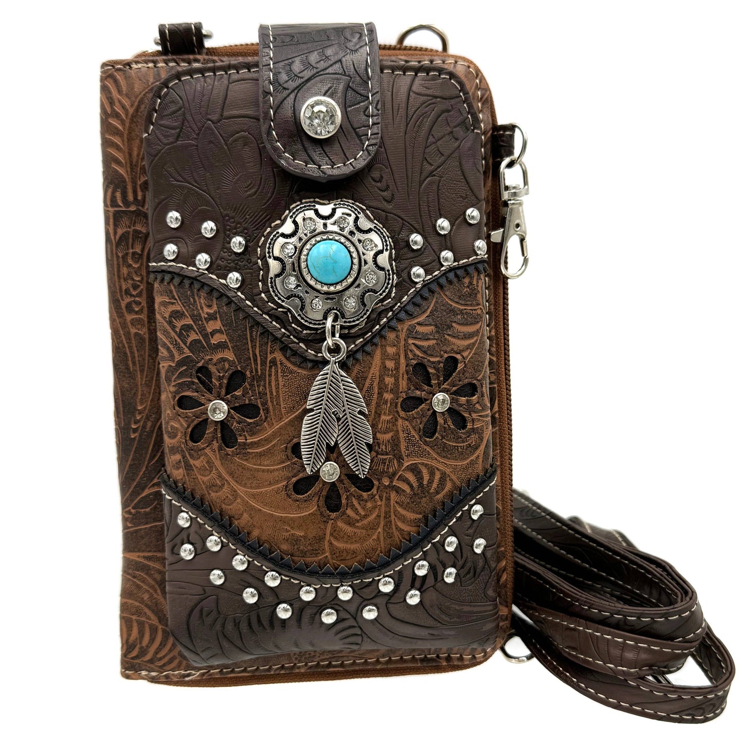 Lunar Deer - Turquoise Stone Feather Tooled Leather Western Phone Wallet