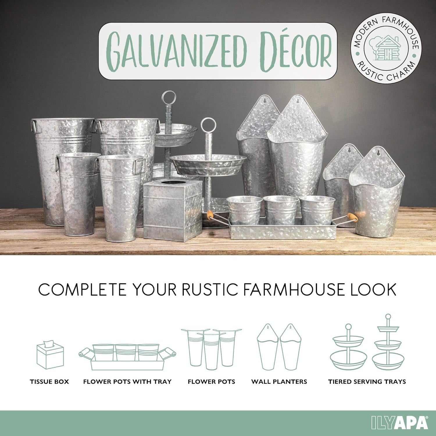 Galvanized Metal Flower Vase 3 Pack - 13" Tall Rustic Farmhouse Bucket Planter Pots