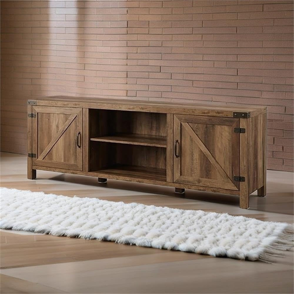 70" Farmhouse Barn Door Rustic Wood TV Stand Console with Storage in Rustic Oak