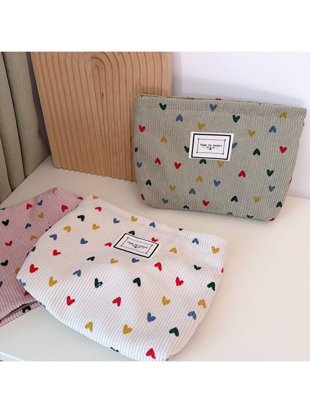 Funkyrel® Atzbranding Limited - Cosbai - Corduroy Zippered Makeup Pouch with Heart-shaped Patterns