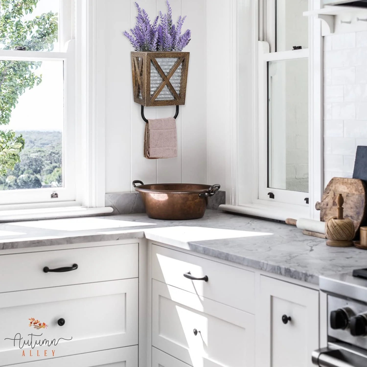 Farmhouse Decor Rustic Hand Towel Holder for Bathroom Wall and Kitchen Wall with Wood Storage, Brown