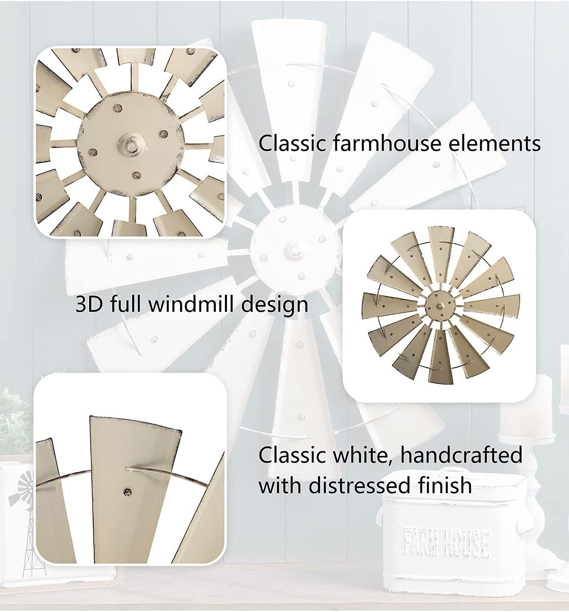 28" Farmhouse Galvanized Windmill Wall Sculpture Home Decor Rustic Metal Rustic Wall Art Decoration, Beige