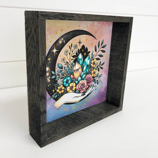 Hangout Home - Celestial Moon Hand - Moon Canvas Art - Wood Framed Decor