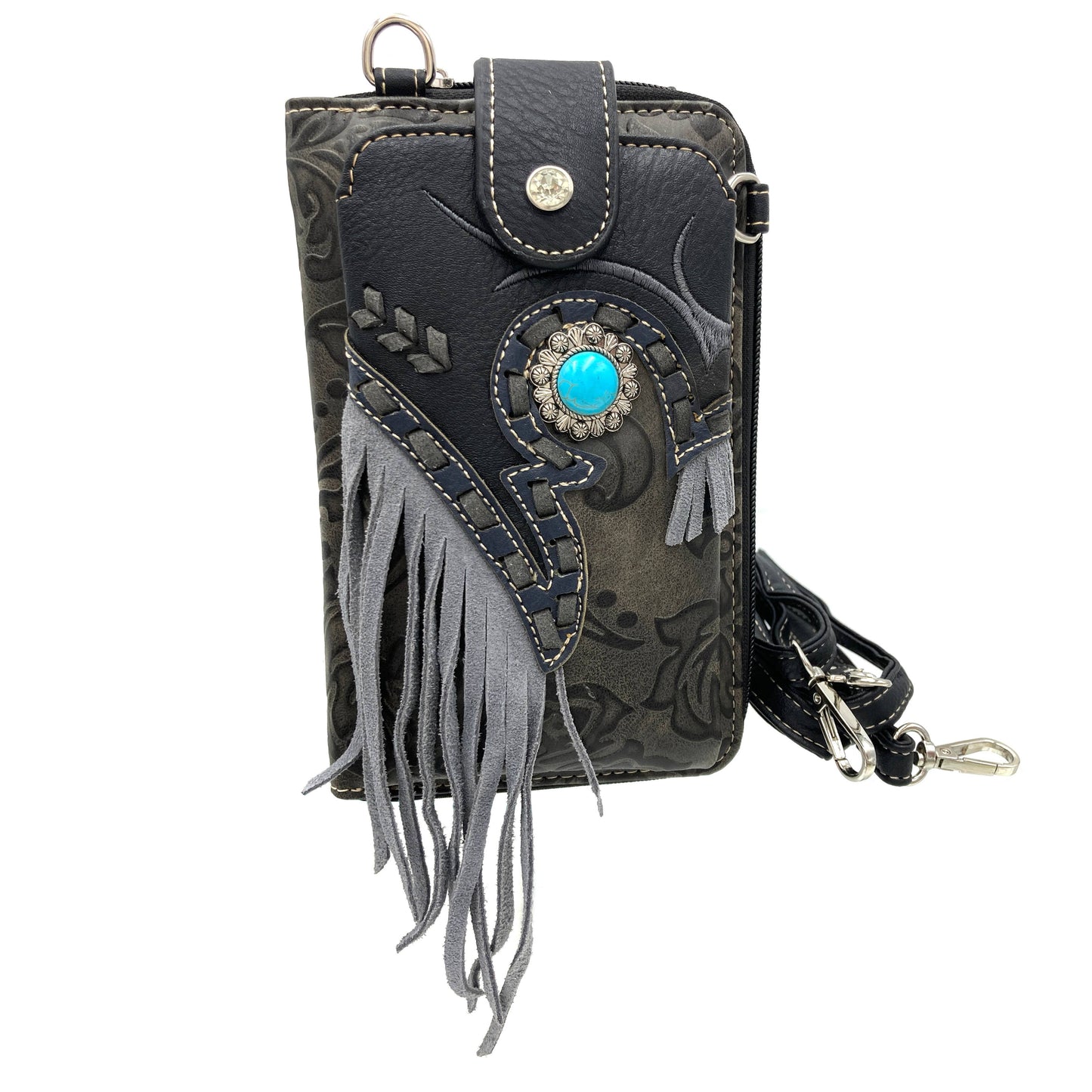 Lunar Deer - Turquoise Concho Fringe Crossbody Western Phone Wallet