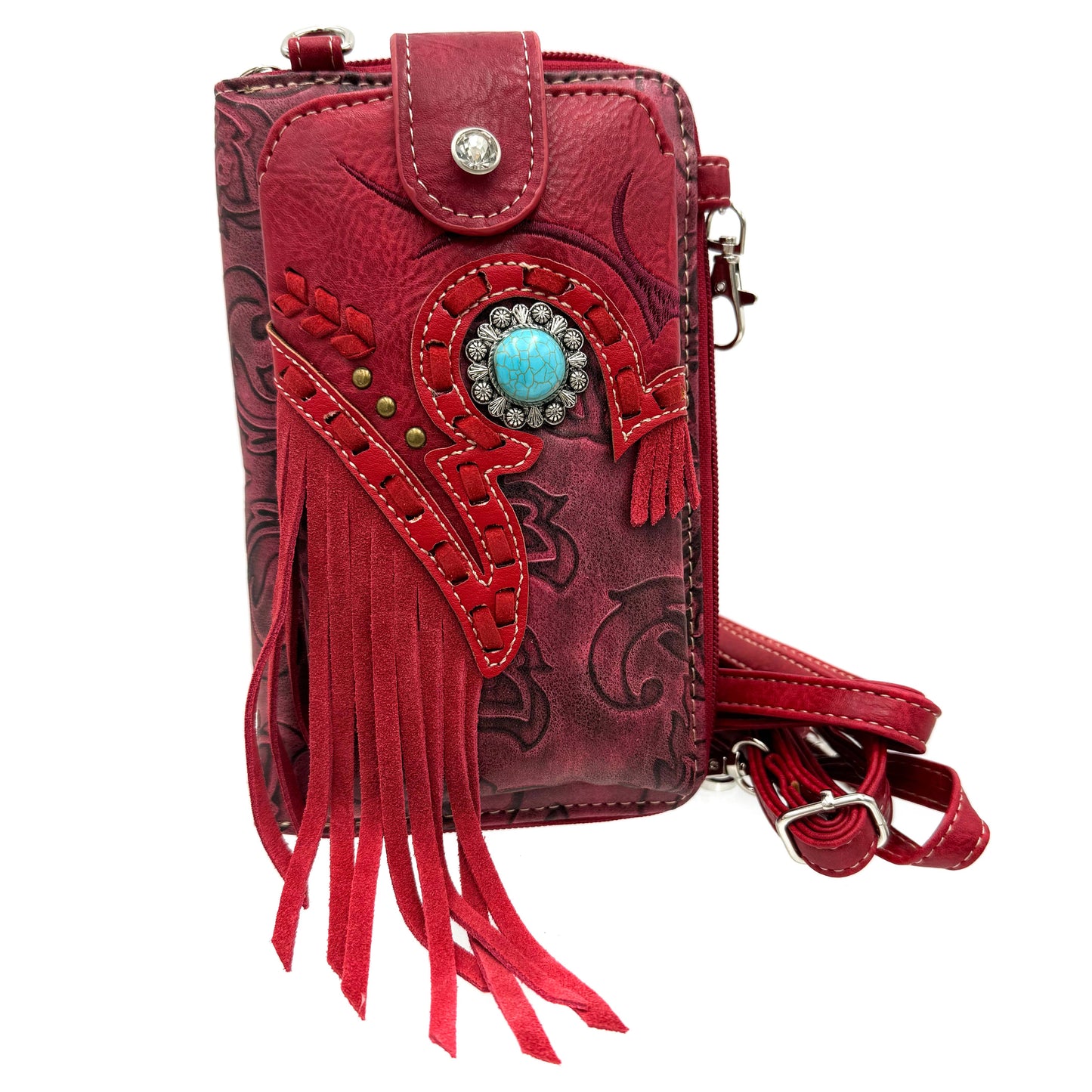 Lunar Deer - Turquoise Concho Fringe Crossbody Western Phone Wallet