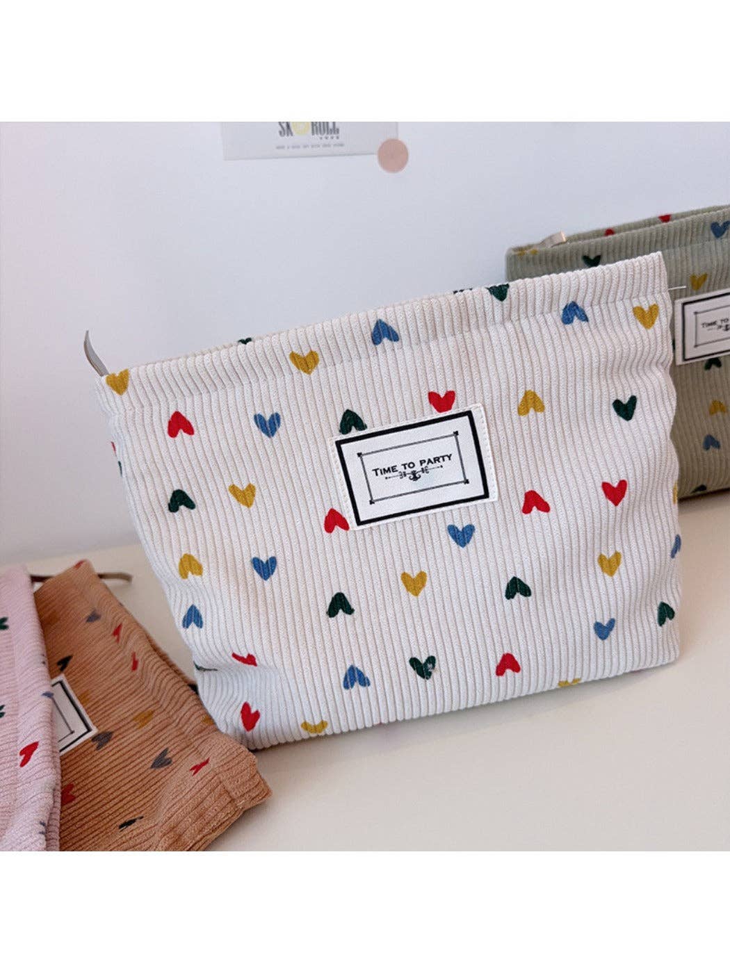 Funkyrel® Atzbranding Limited - Cosbai - Corduroy Zippered Makeup Pouch with Heart-shaped Patterns