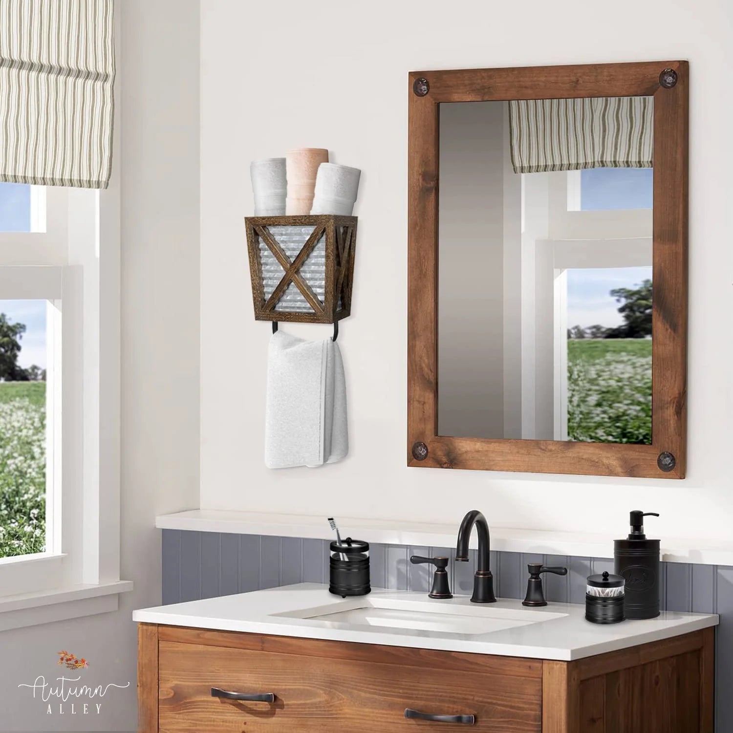 Farmhouse Decor Rustic Hand Towel Holder for Bathroom Wall and Kitchen Wall with Wood Storage, Brown