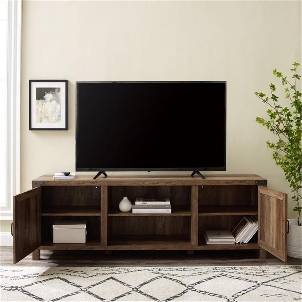 70" Farmhouse Barn Door Rustic Wood TV Stand Console with Storage in Rustic Oak