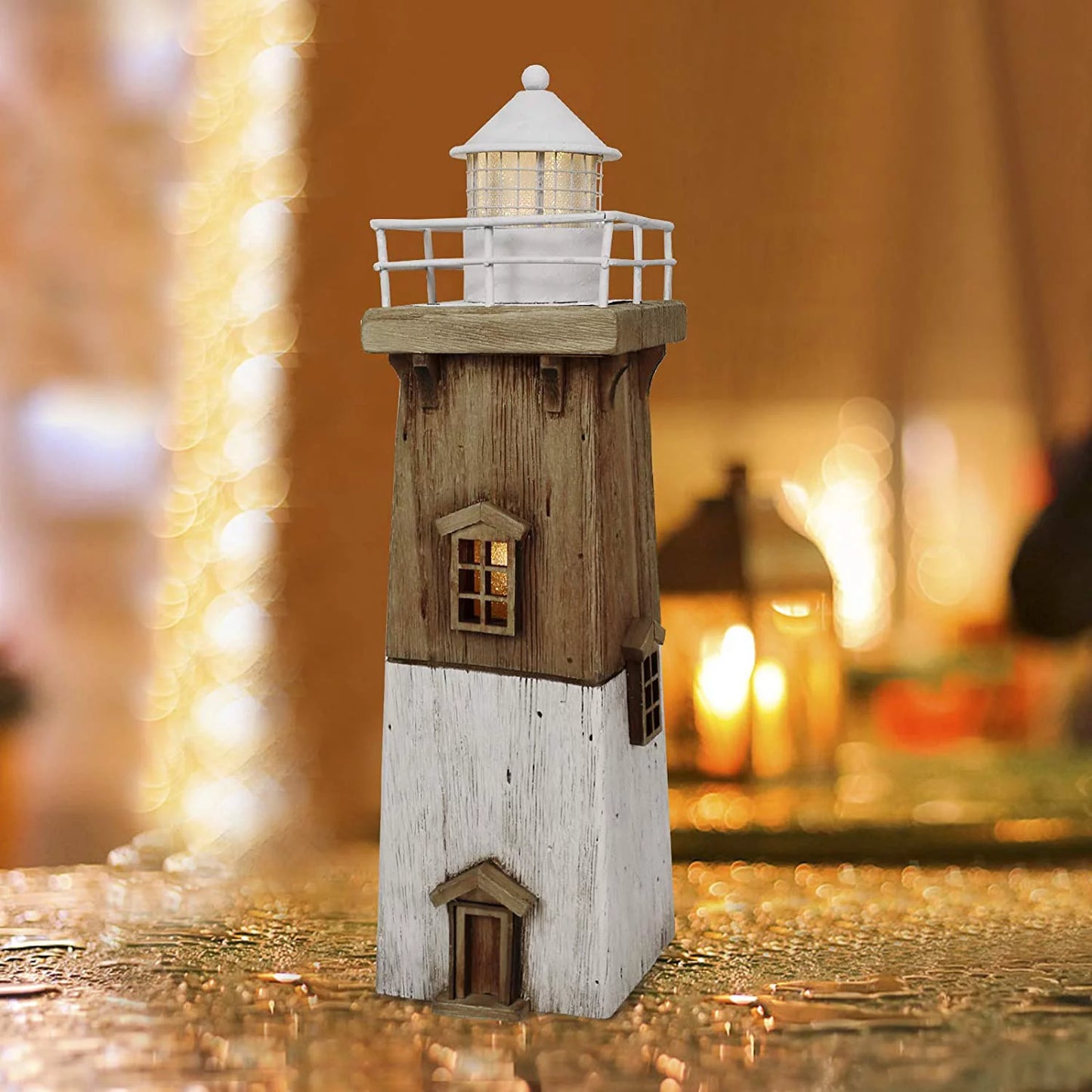 Wooden Lighthouse Decor with Light, Decorative Nautical Lighthouse Rustic Ocean Sea Beach Themed Lighthouse Decoration, Handcrafted Tabletop Nautical Themed Home Decor Bathroom Decor (13.78H)