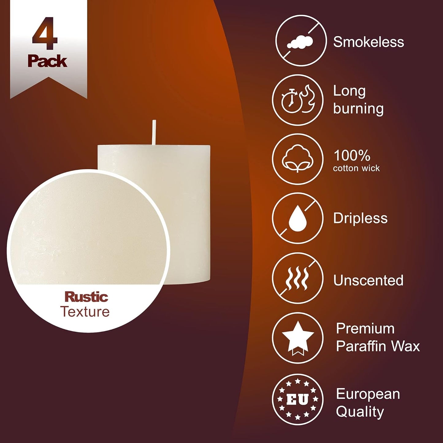 SPAAS Rustic Ivory Pillar Candles - 2.7" X 3" Decorative Candles Set of 4 - Clean Burning and Dripless Unscented Rustic Pillar Candles for Home Decorations, Wedding Decor, Party, Spa Restaurant