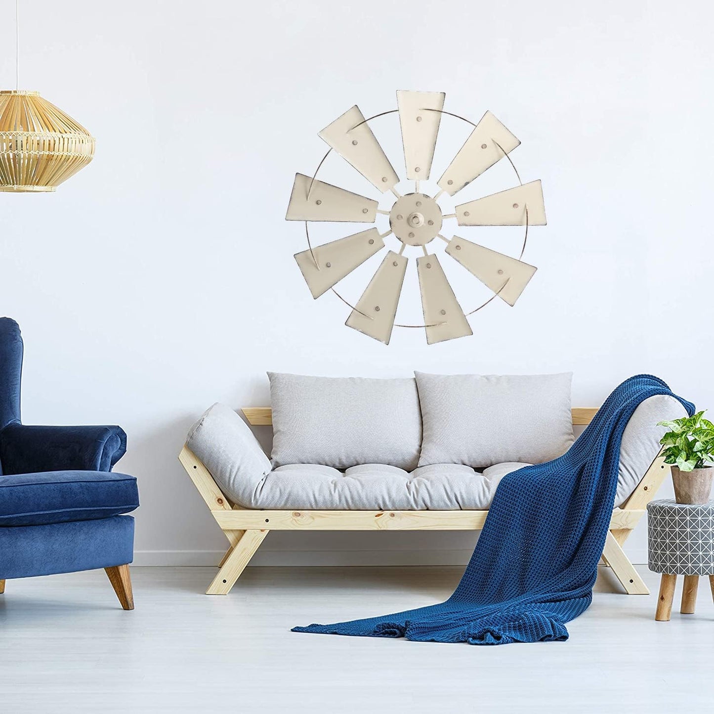 28" Farmhouse Galvanized Windmill Wall Sculpture Home Decor Rustic Metal Rustic Wall Art Decoration, Beige