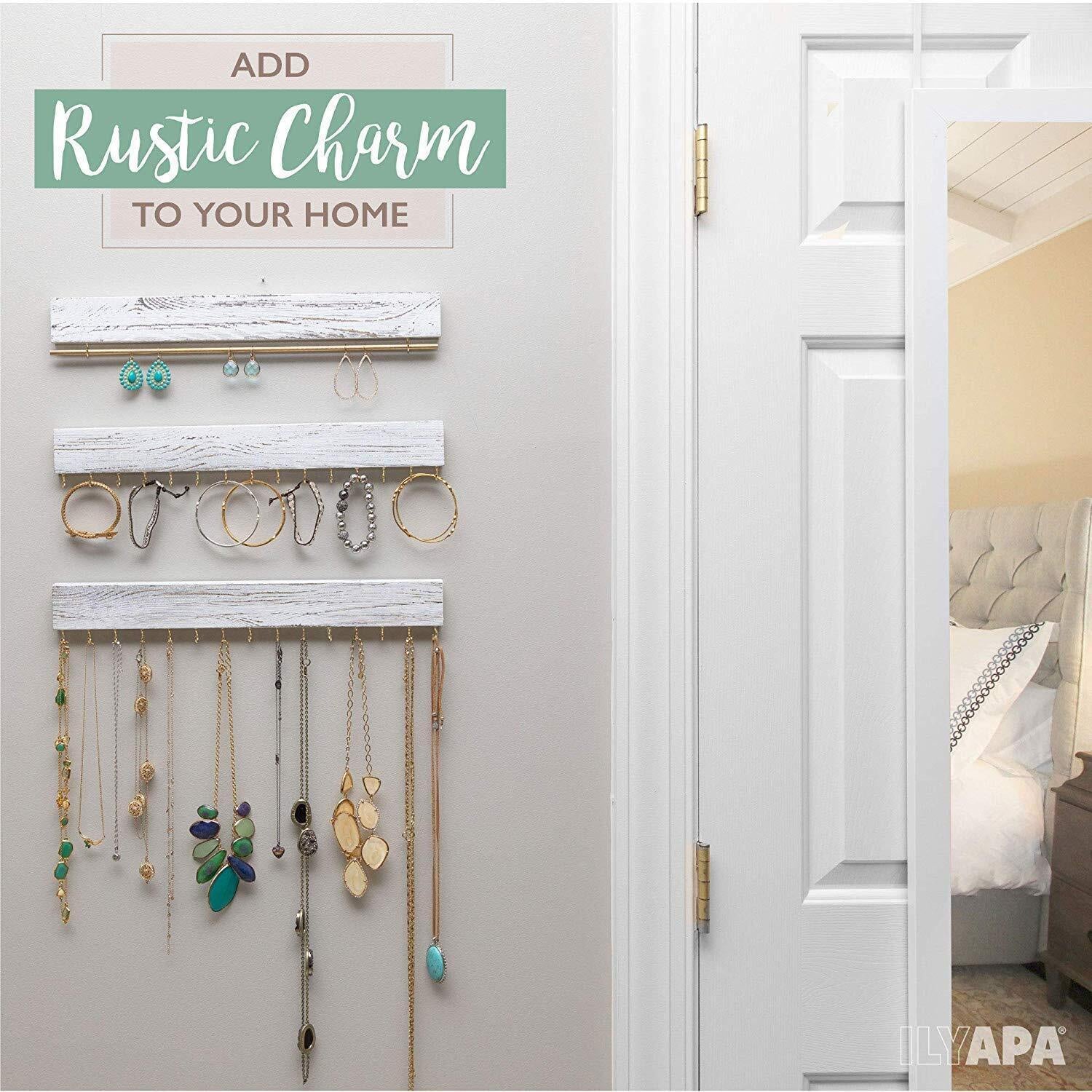 Jewelry Organizer Wall Mount Necklace Hanger White Wood Rustic Earring Rack