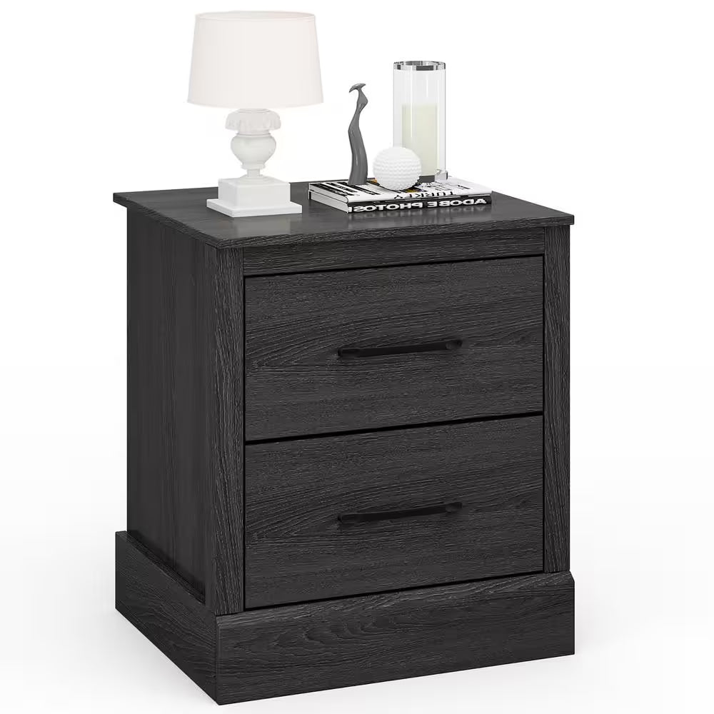 Dark Grey Oak 2-Drawer Nightstand Bedside Table Compact Sofa End Table