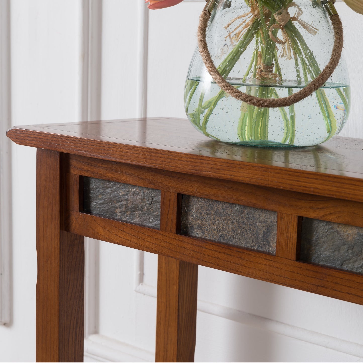 10059 Rustic Slate Tile Hall Console Sofa Table with Shelf, Rustic Oak