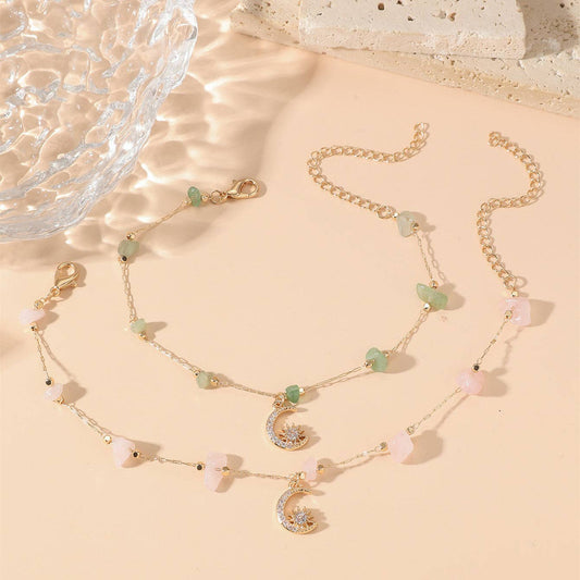 Perimade & Co. LLC - Crystal Raw Stone Bead Moon Charm Anklet in Solid Copper