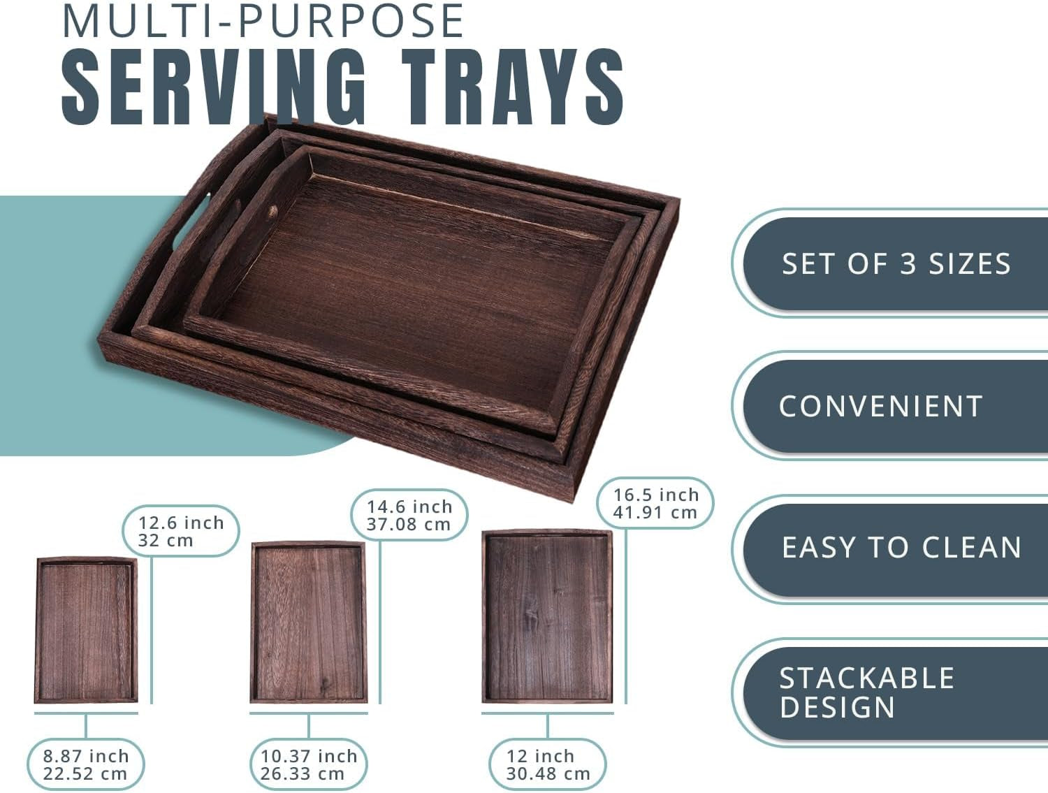 Serving Trays Set of 3 - Ottoman Wood Trays for Entertainment, Food and Décor - Rustic Farmhouse Distressed Finish - Stained Wood Brown