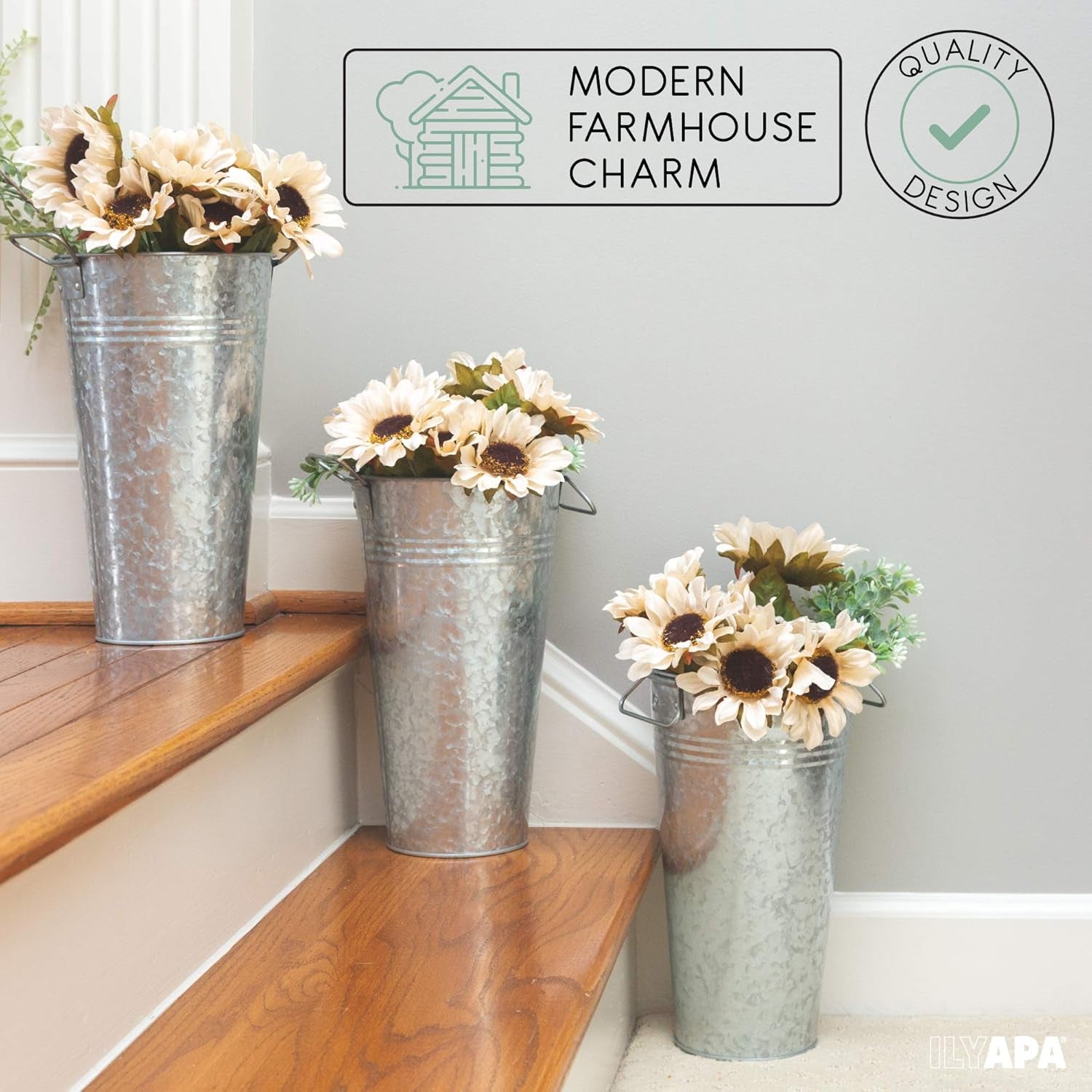 Galvanized Metal Flower Vase 3 Pack - 13" Tall Rustic Farmhouse Bucket Planter Pots