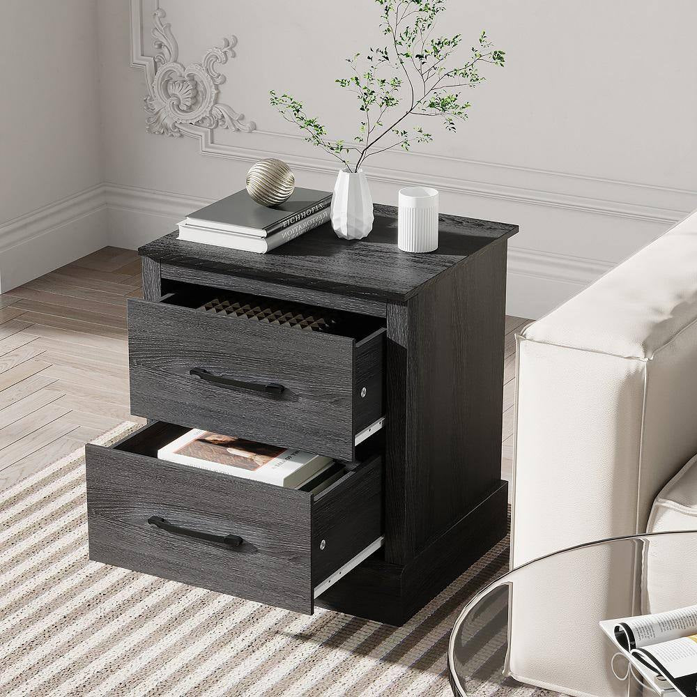 Dark Grey Oak 2-Drawer Nightstand Bedside Table Compact Sofa End Table