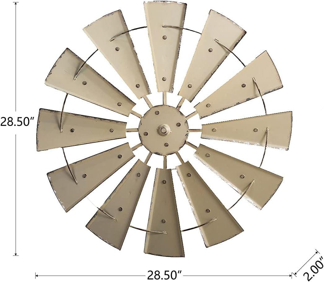 28" Farmhouse Galvanized Windmill Wall Sculpture Home Decor Rustic Metal Rustic Wall Art Decoration, Beige