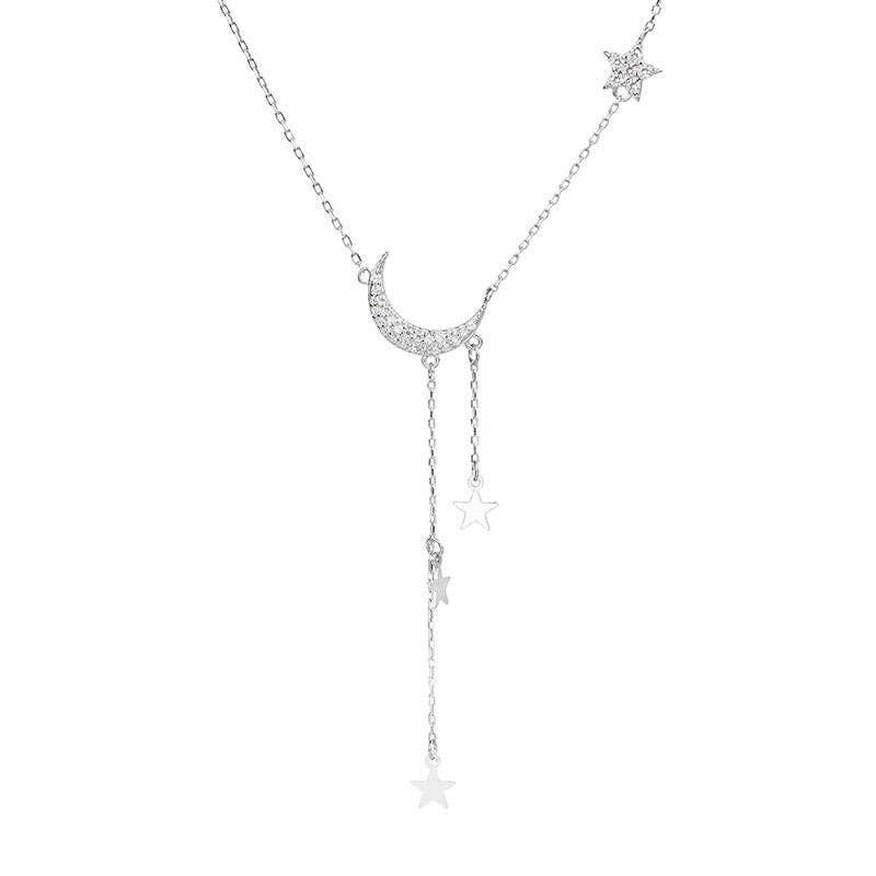 Perimade & Co. LLC - Moon Star Layered Tassel Necklace in 925 Sterling Silver