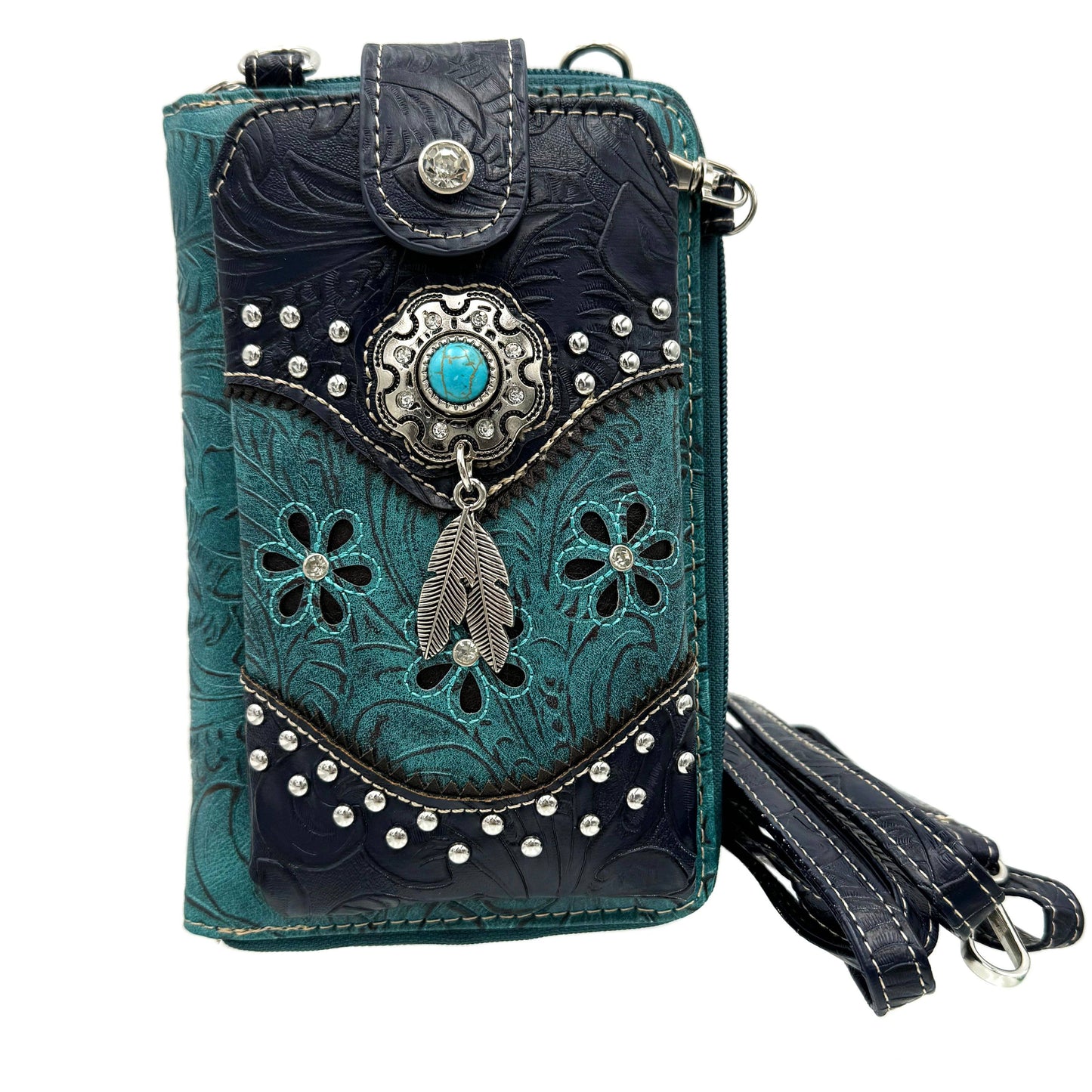 Lunar Deer - Turquoise Stone Feather Tooled Leather Western Phone Wallet