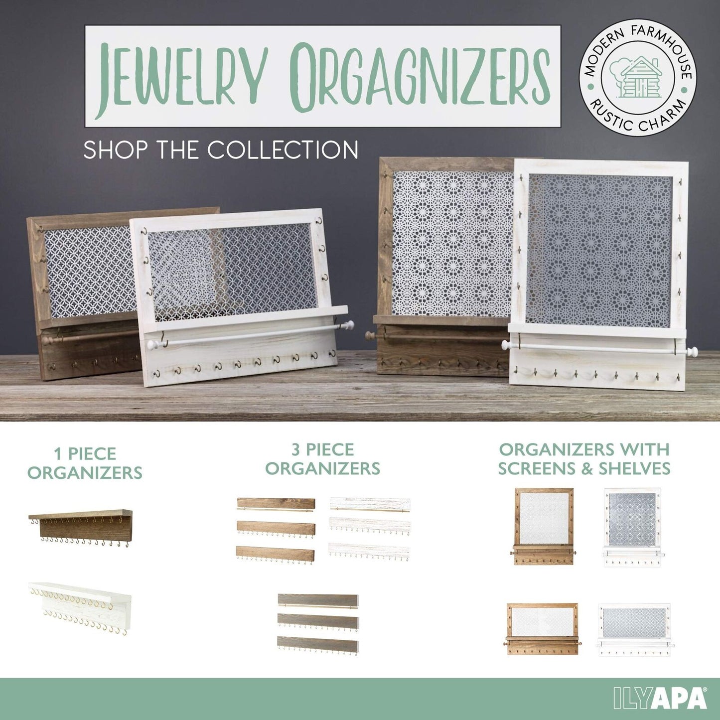 Jewelry Organizer Wall Mount Necklace Hanger White Wood Rustic Earring Rack