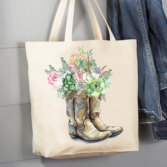 Avery Lane Gifts - Western Cowboy Boots Succulents Southwestern Canvas Tote Bag