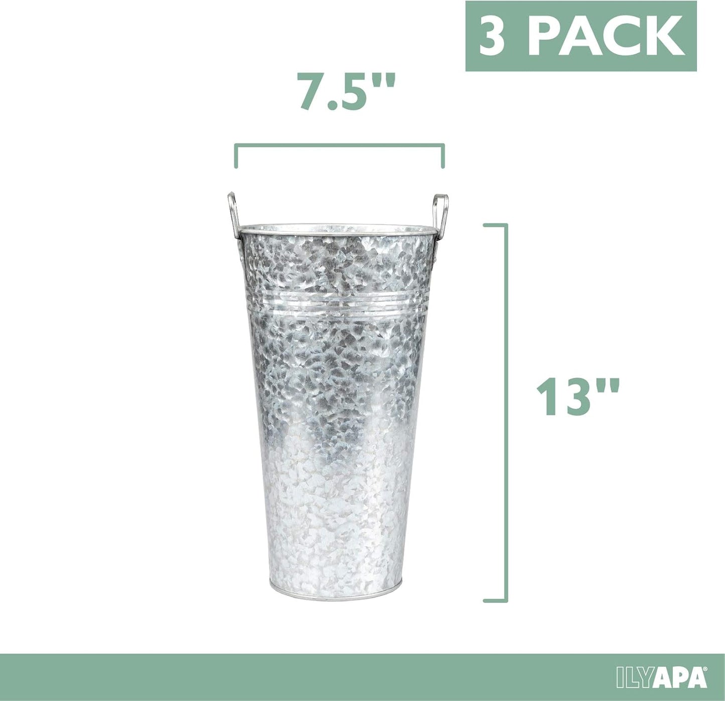 Galvanized Metal Flower Vase 3 Pack - 13" Tall Rustic Farmhouse Bucket Planter Pots