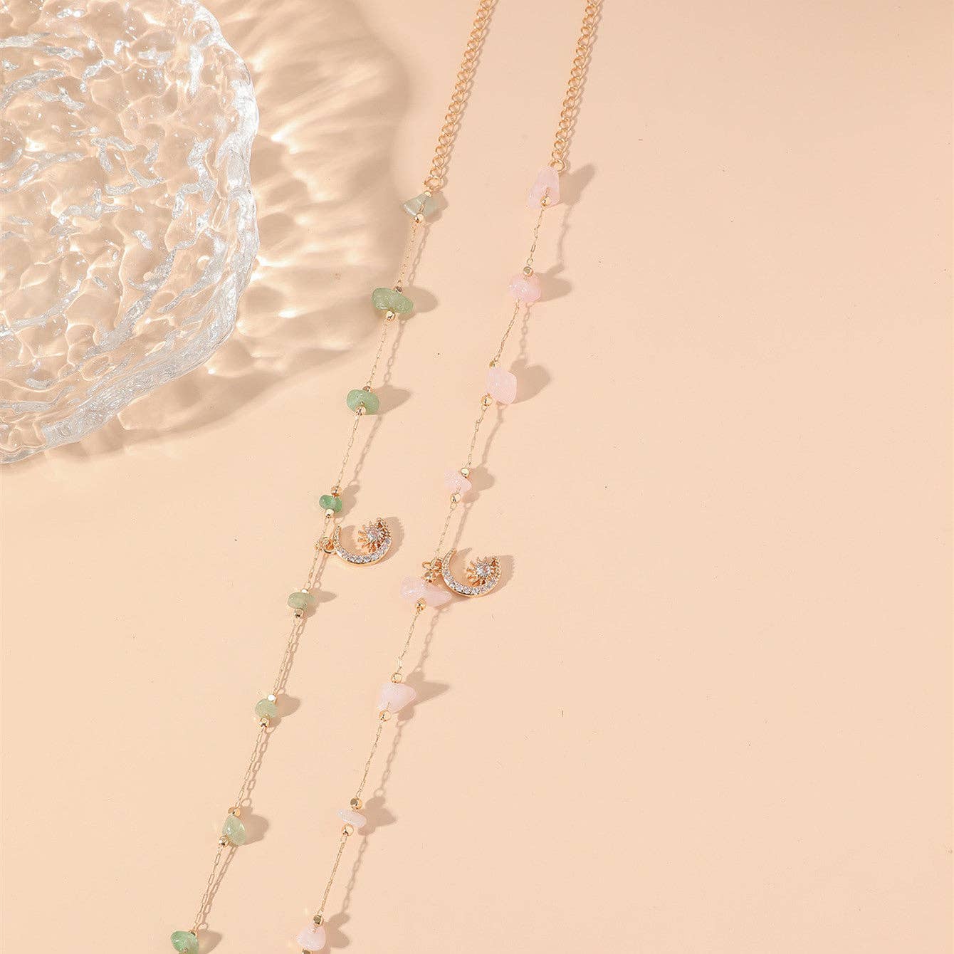 Perimade & Co. LLC - Crystal Raw Stone Bead Moon Charm Anklet in Solid Copper