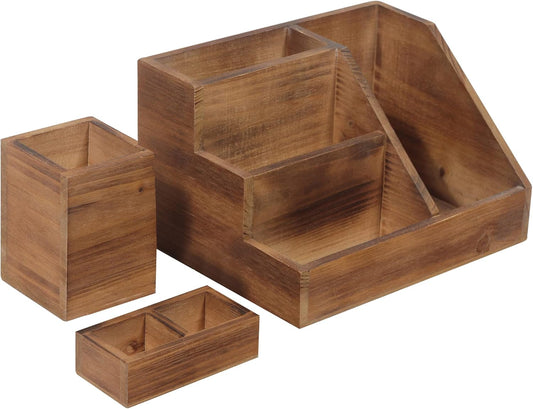 3 PIECE Rustic Wooden Desk Organizer Set- Rustic Mail Organizer for Desktop - Great for Rustic or Industrial Home Decor! Rustic Makeup Organizer for Vanity
