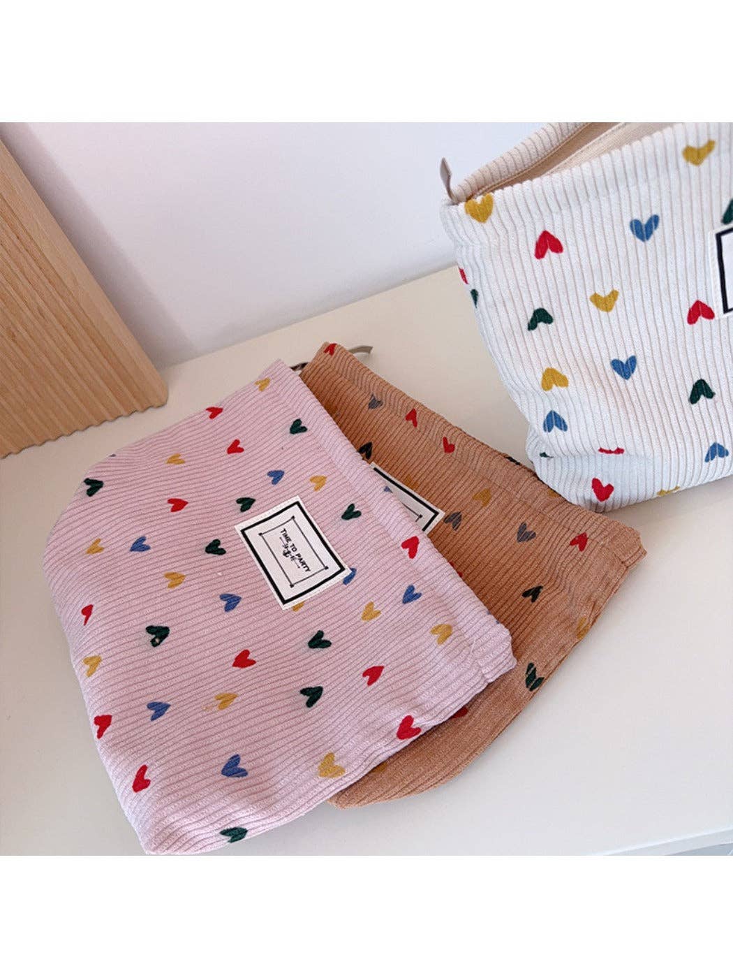 Funkyrel® Atzbranding Limited - Cosbai - Corduroy Zippered Makeup Pouch with Heart-shaped Patterns