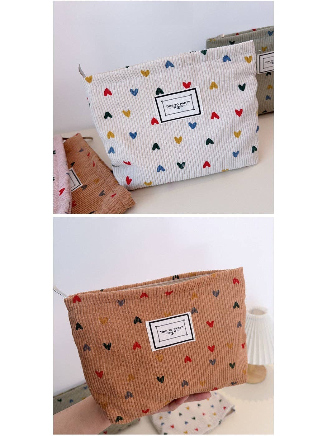 Funkyrel® Atzbranding Limited - Cosbai - Corduroy Zippered Makeup Pouch with Heart-shaped Patterns