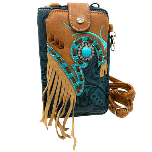 Lunar Deer - Turquoise Concho Fringe Crossbody Western Phone Wallet