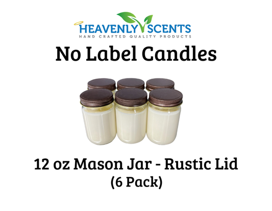 Heavenly Scents - 12oz Mason Jar Soy Candles - Rustic  Lid  - 6 Pack No Labels