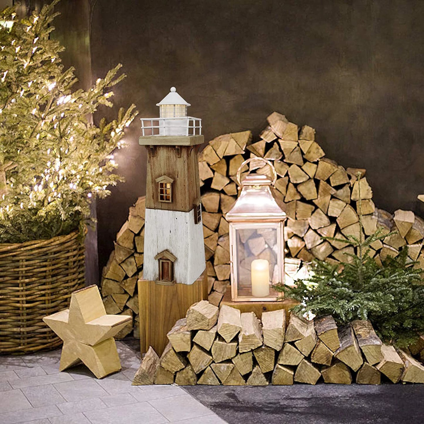 Wooden Lighthouse Decor with Light, Decorative Nautical Lighthouse Rustic Ocean Sea Beach Themed Lighthouse Decoration, Handcrafted Tabletop Nautical Themed Home Decor Bathroom Decor (13.78H)