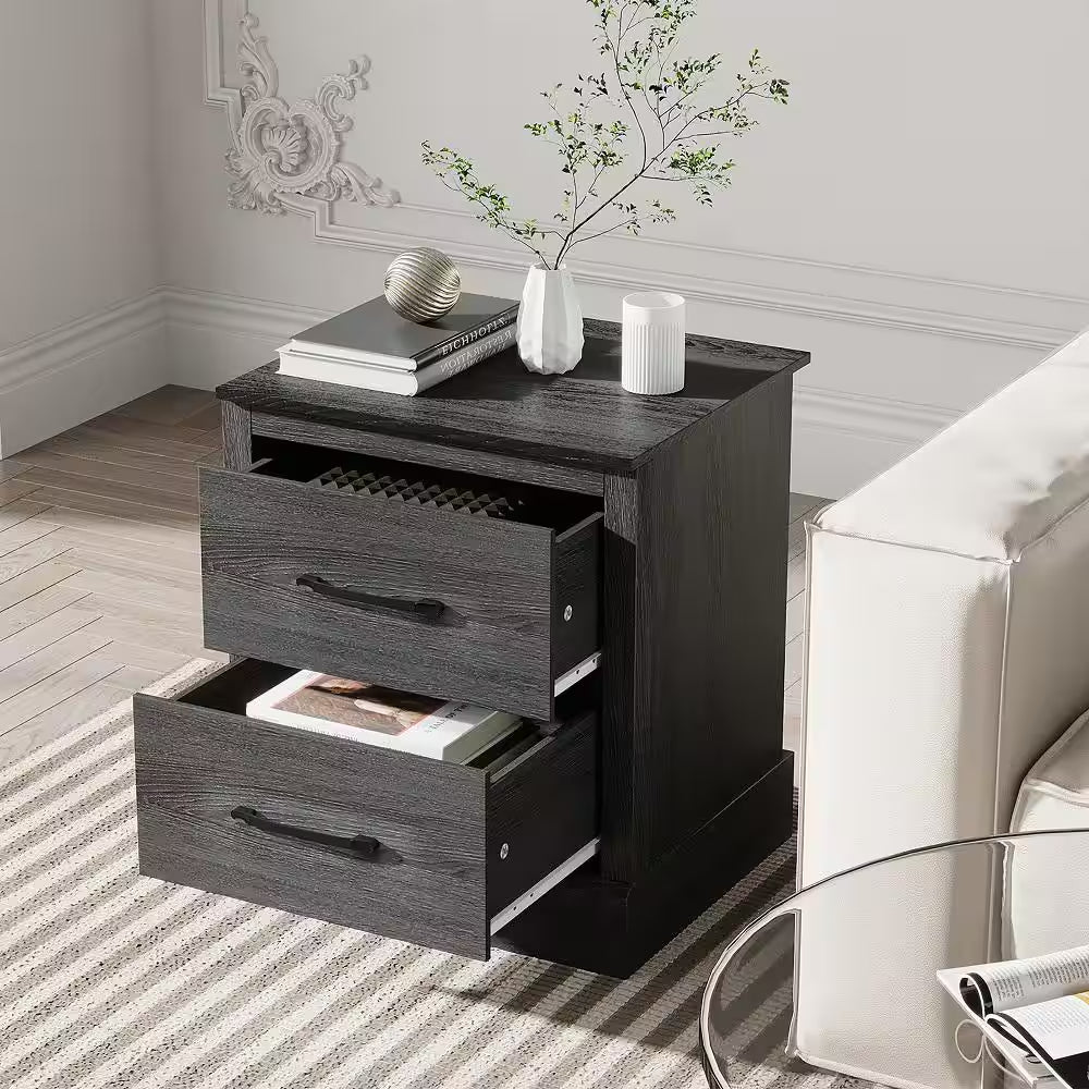 Dark Grey Oak 2-Drawer Nightstand Bedside Table Compact Sofa End Table