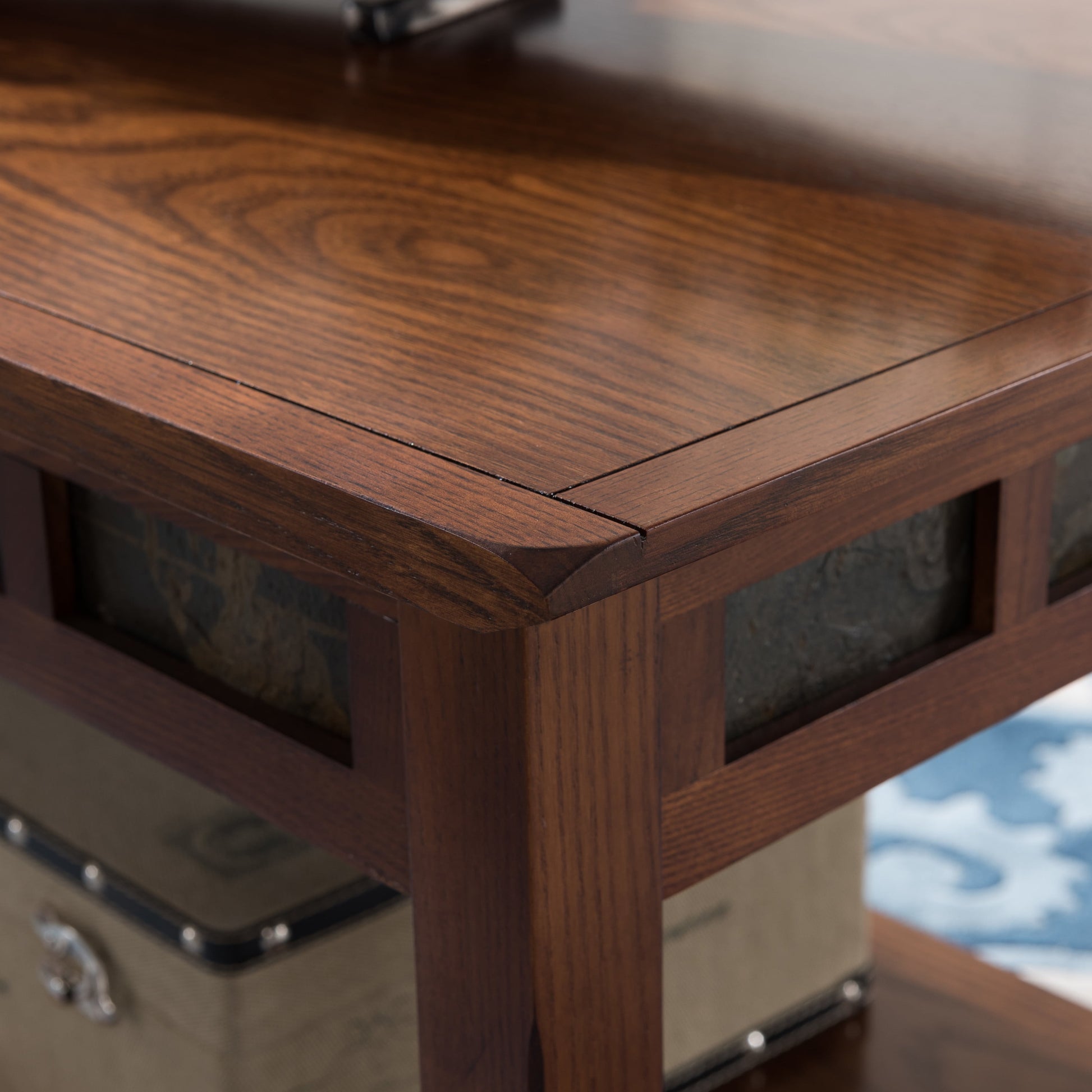 10058 Rustic Slate Tile Coffee Table with Shelf, Rustic Oak