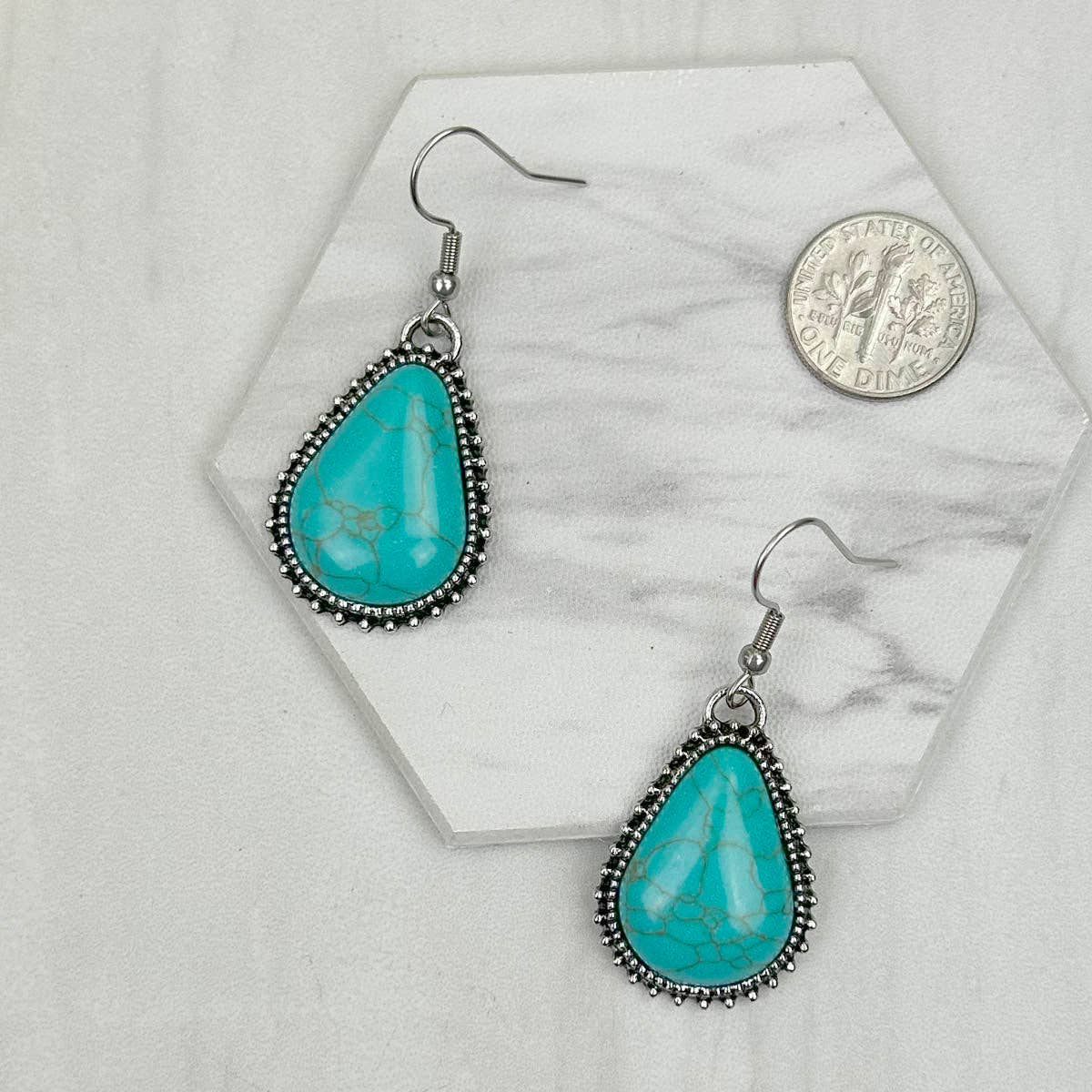 Western Elite Jewelry - ER231217-20                      Silver metal with blue turquoise stone beads teardrop Earrings