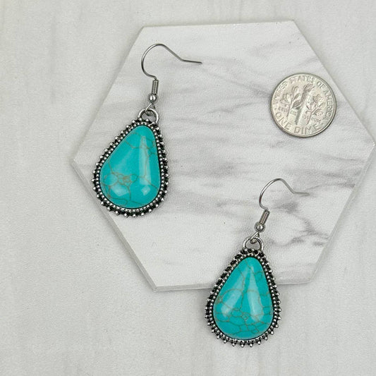 Western Elite Jewelry - ER231217-20                      Silver metal with blue turquoise stone beads teardrop Earrings