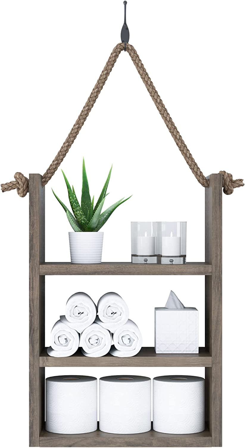 SFC Rustic Wood Bathroom Shelf over Toilet, Wall Mounted, Ladder Style Rope Hanging Shelf (Large)